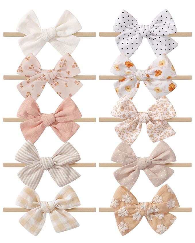 doboi 10PCS Baby Girls Headbands Hair Bows Nylon Cotton Linen Hairbands Fine Handmade Hair Accessories for Newborn Infant Toddlers Little Girls-Solid Plaid Stripe Polka Dot and Flowers