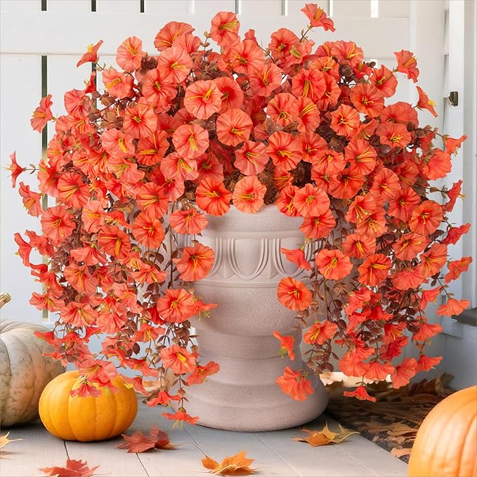 Fake Mums Artificial Fall Hanging Flowers for Outdoors Decoration, 2 PCS Fake Silk Morning Glory with Brown Eucalyptus UV Resistant Plants for Wall Home Porch Patio Balcony Yard Decor (Orange)