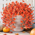 Fake Mums Artificial Fall Hanging Flowers for Outdoors Decoration, 2 PCS Fake Silk Morning Glory with Brown Eucalyptus UV Resistant Plants for Wall Home Porch Patio Balcony Yard Decor (Orange)