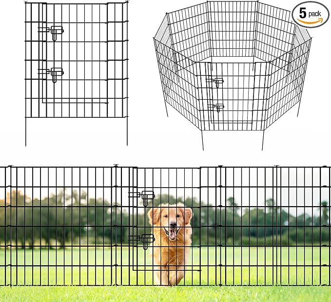 ARIFARO Decorative Garden Fence 4 Panels+1Gate 32in(H) x28in(W) No dig Animal Barrier Fencing,Pet Fence Rustproof Metal Wire Fencing Panel Border for Dog,Rabbits, and Patio(with gate)