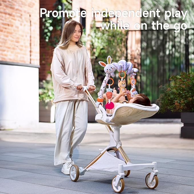 TUMAMA 2 in 1 Spiral Car Seat Toys for Babies 6-12 Months, Arch Stroller Toys for Infant 0-12 Months Hanging Toys with Clip Bouncer Bassinet Activity Toy