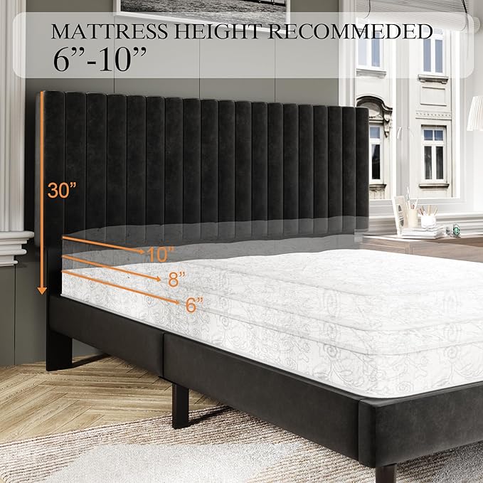 Full Size Bed Frame with Velvet Upholstered Headboard, Platform Bed with Strong Wood Slats, Mattress Foundation, Box Spring Optional, Easy Assembly, Black