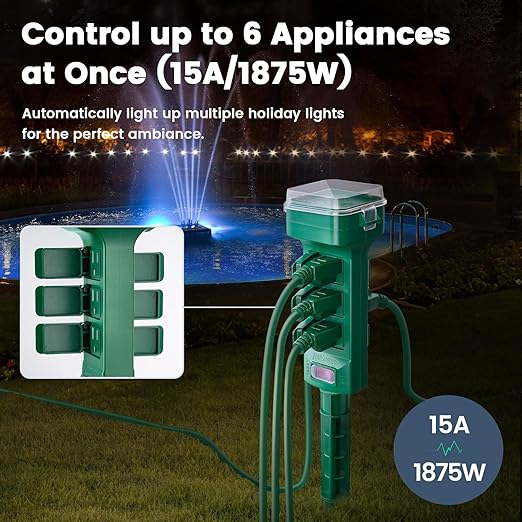 SURAIELEC Outdoor Power Stake Timer Waterproof, 100FT Wireless Remote Control, Dusk to Dawn Timer, 6 Grounded Plug Outlets, 25FT, Power Strip for Christmas Lights, Garden, Patio, Outdoor Light