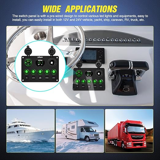 Nilight 5 Gang Multi Function Waterproof Switch Panel PD Type C and USB Socket Digital Voltmeter 12V Outlet Rocker with Inline Fuse for RVs Cars Boats Trucks Trailers Green