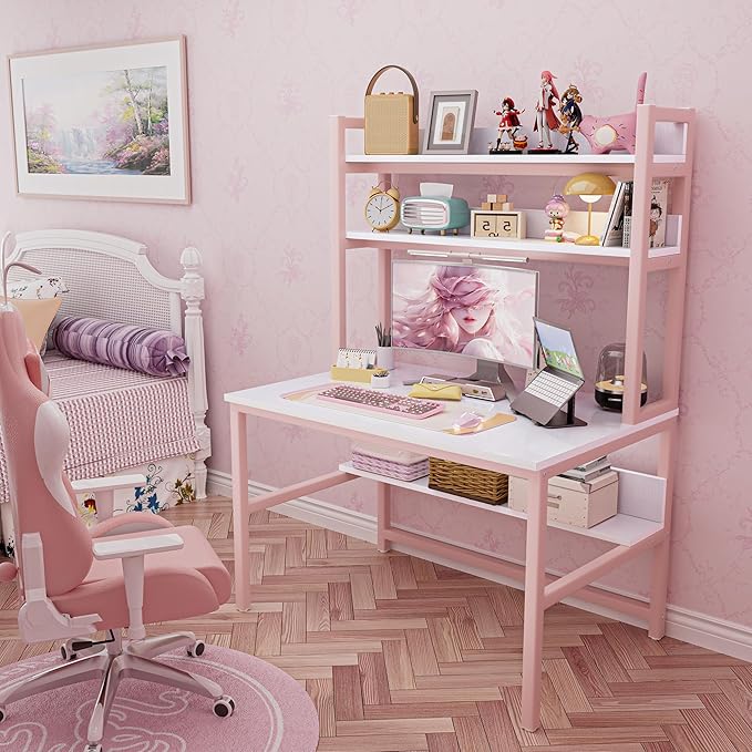 Aquzee Pink Desk with Hutch for Girls, 47in Computer Desk with Bookshelf for Teens Adults, Craft Table for Bedroom Kids Room, White Pink Study Table with Shelves for Storage