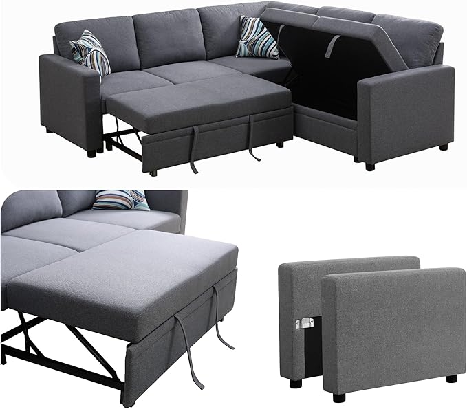 4-Piece L Shaped Sofa Set with Storage Chaise, Convertible Pull Out Couch with Movable Ottoman, Modular Sectional Sofa for Living Room, Apartment, Office, Gray