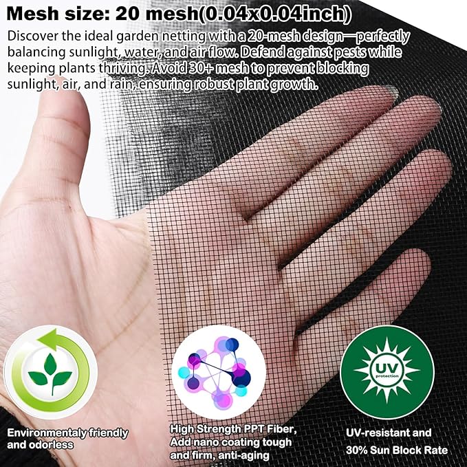Abimars Thicker Garden Mesh Netting, 6.6’ x 16.5’ Ultra Fine Black Plant Row Covers for Vegetables Plants Fruits Flowers Protection, Nano PPT, Shading Rate 30%
