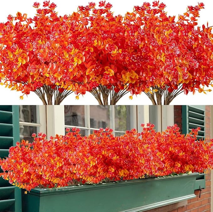 20 Bundles Artificial Flowers, Fake Artificial Greenery UV Resistant No Fade Faux Plastic Plants for Wedding Bridle Bouquet Indoor Outdoor Home Garden Kitchen Office Table Vase (Red)