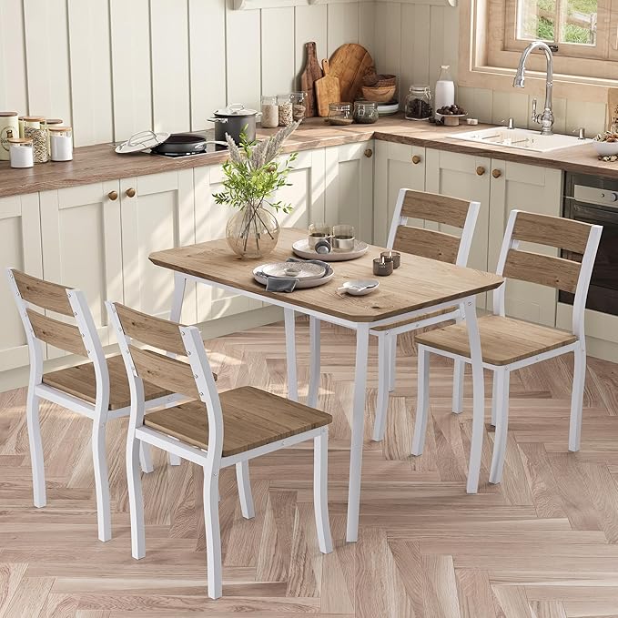 5 Piece Dining Table Set for 4, Space-Saving Kitchen Table with Wooden Seat Chairs, Modern Angled Corner Design, Compact Dinner Set for Small Spaces, Apartment, White & Wood Grain Color