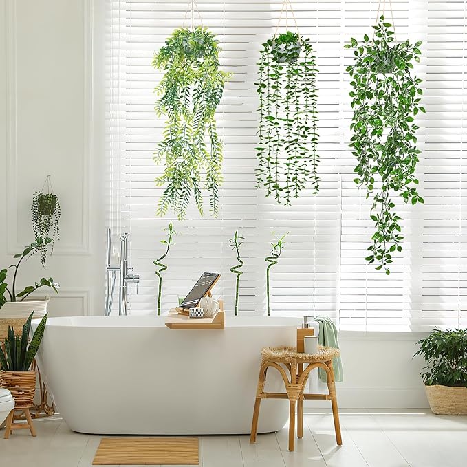 Dremisland Fake Hanging Plants with Pots 2Pack Faux Hanging Basket Plant Macrame Plant Hanger with Fake Vines Faux Hanging Planter for Wall Ceiling Home Bedroom Indoor Decor (Mix Plant-3PCS)