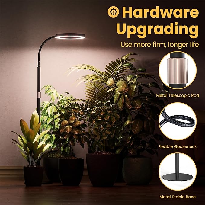 Grow Light Plant Light for Indoor Plants, Full Spectrum Grow Lamp with Pedestal Stand, Automatic Timer for 3H/9H/12H, 10 Dimmable Levels, Height Adjustable 51-67in Black
