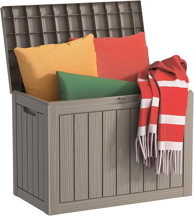 DRATO 45 Gallon Deck Box, Outdoor Storage Box for Patio Furniture, Patio Cushions, Gardening Tools, Pool Supplies 480lbs Weight Capacity,Waterproof Resin Storage Boxes (Light Brown, 45Gal)