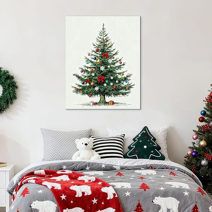 Framed Christmas Pictures Wall Decor,Vintage Pine Tree Prints,Winter Christmas Canvas Wall Art Decoration for Bedroom Bathroom Living Room Rustic Xmas Holiday Gifts (Christmas Tree 8, 20'' X 32'')