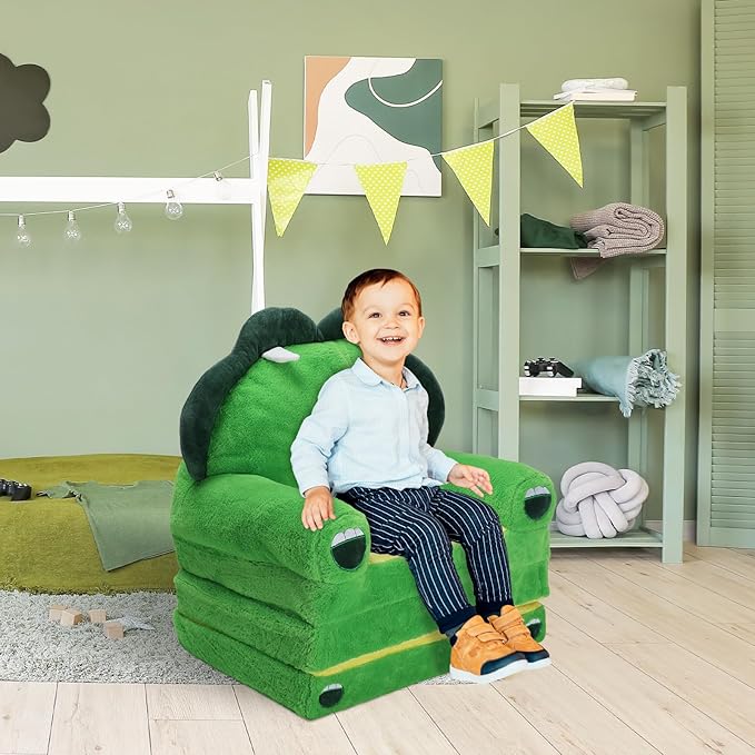 Foldable Kids Couch Toddler Backrest Armchair 2 In 1 Flip Open Sofa Bed for Chidren, Cartoon Comfy Soft Kids Chair, Steady Lightweight Toddlers Sofa Bed for Bedroom Livingroom Playroom Dinosaurs