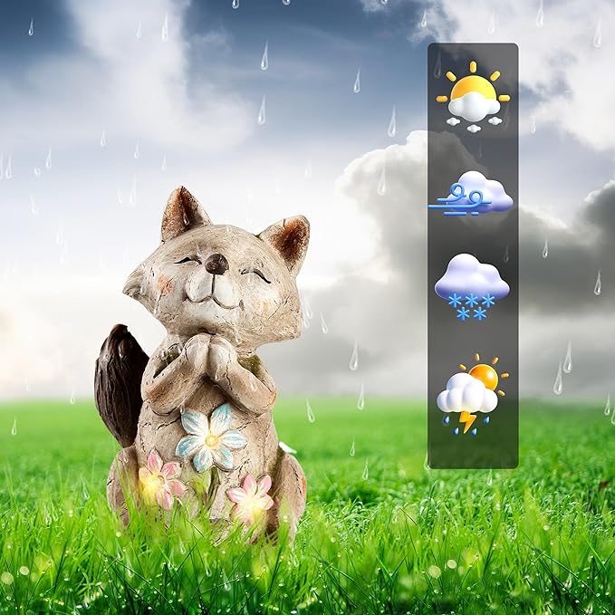 Fox Statue for Garden Decor, Garden Statue with Solar Power Light for Outdoor Patio Porch Lawn Yard Backyard Oudside Indoor Shelf Decoration,Praying Fox Sculptures & Statues Woman