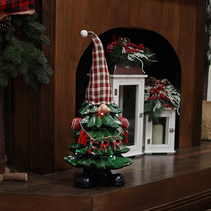 Alpine Corporation 28" Christmas Tree Merry Gnome Statues with Color Changing LED Lights, Holiday Decor