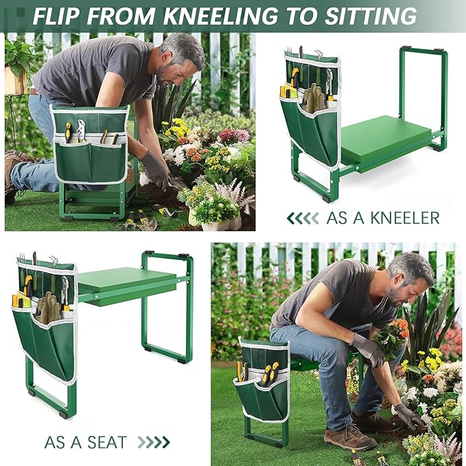 FLINTER Garden Kneeler and Seat, 10.2" Wider Heavy Duty Thick Gardening Bench for Kneeling and Seat - Multifunctional Kneeler Bench, Gardening Gifts for Women, Seniors Grandparents, Green
