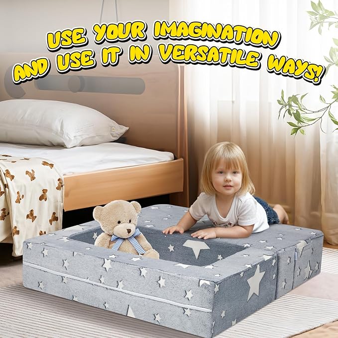 MeMoreCool Modular Kids Play Couch Sofa – Glow in The Dark Star Design, Fold-Out Toddler Couch for Playroom Furniture, Grey