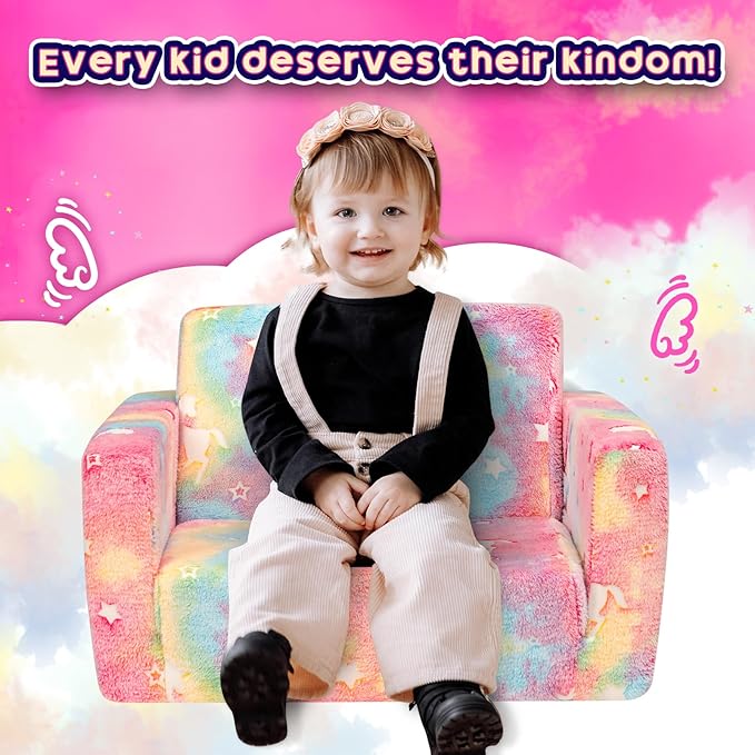 ALIMORDEN 2-in-1 Flip Out Cuddly Sherpa Toddler Couch, Convertible Sofa to Lounger,Glow-in-The-Dark Unicorn Pattern