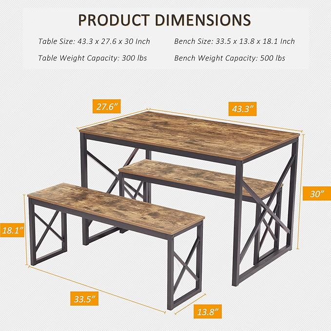 VECELO Kitchen Dining Table Benches Set for 4, 43.3" Wooden Dinette with 2 Benches, Heavy-Duty Dining Room Table for Small Space, Breakfast Nook, BrownRustic Brown