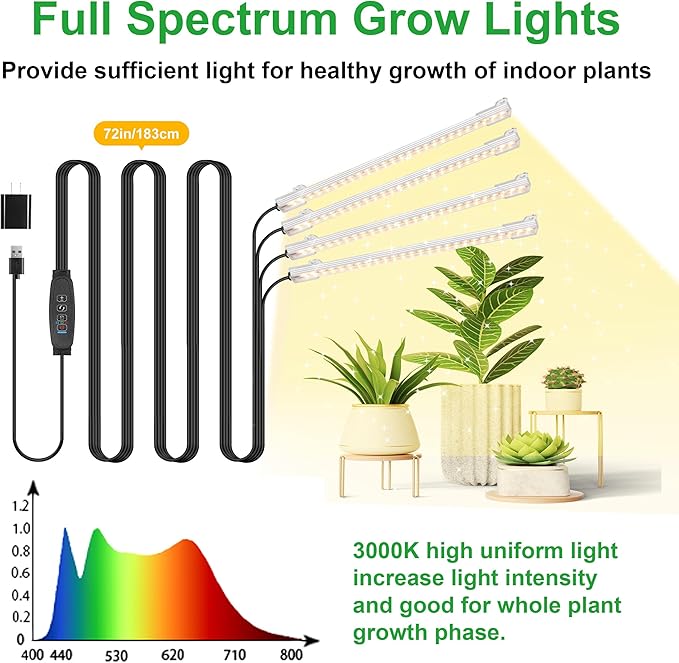 8.6 Inches LED Grow Light Strips, Grow Lights for Indoor Plants Full Spectrum 3500K, 104 LEDs Plant Light with 10 Dimmable Levels, 3/9/12H Timer for Seedling Succulent and Plant Shelf, 4 Head 1 Pack