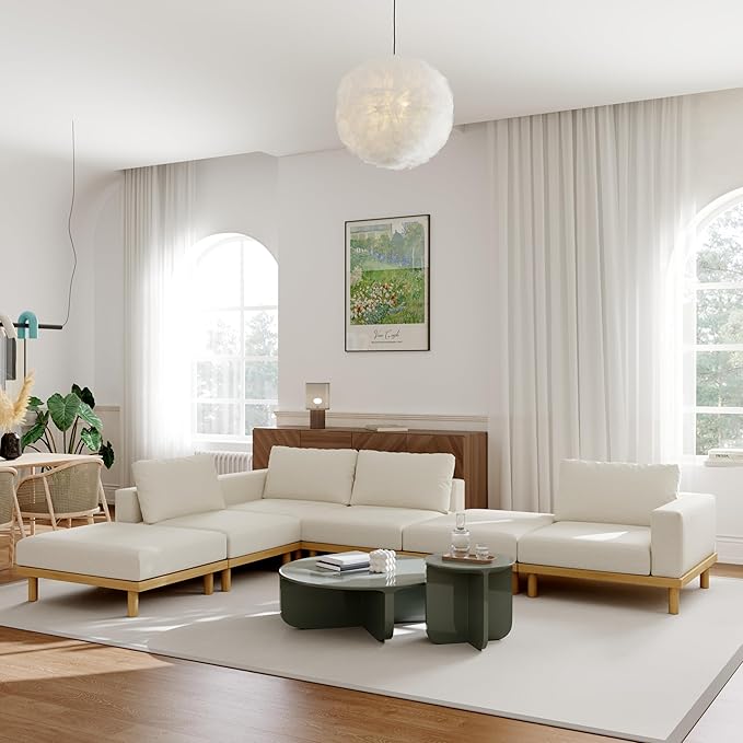 Acanva Minimalist Modular Sectional Sofa for Living Room, Wide & Deep Seat Convertible Furniture Set with Metal Frame and Movable Covers, Ottoman, Off White