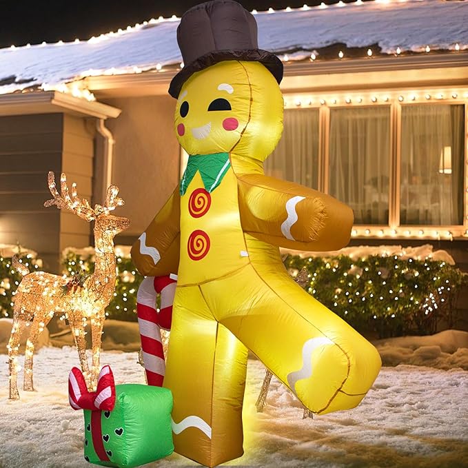 Christmas Inflatable Gingerbread Man with Top Hat, Lighted Gingerbread Man Decoration with Candy Cane & Gift Box, Outdoor Indoor Holiday Blow Up Decor for Yard Lawn Garden