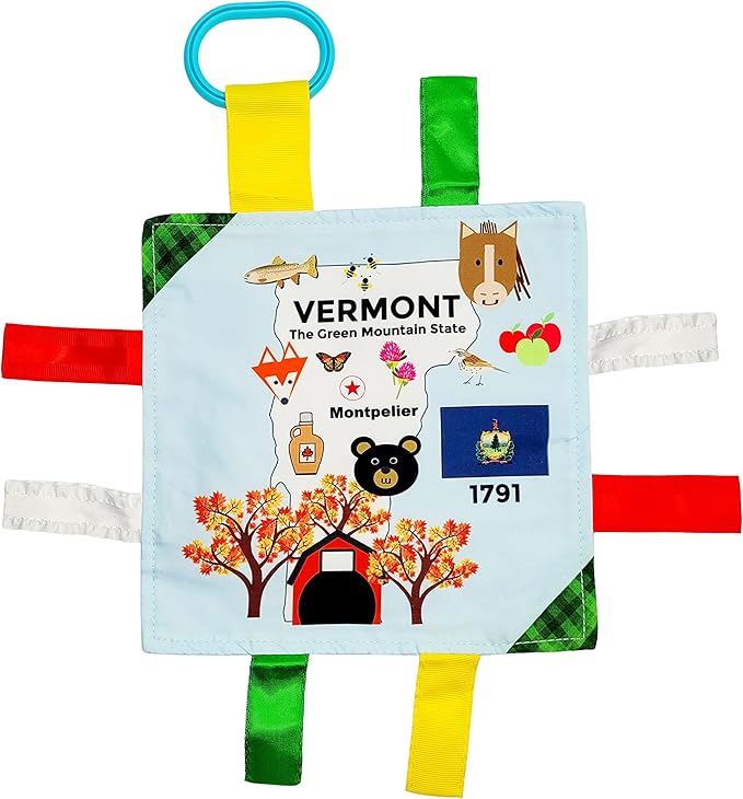 Baby Jack & Co 8x8” Learning Lovey Vermont State Tag Stroller Toy for Babies - Crinkle Toys for Developing Five Senses - Learn About Capitals - Travel with Baby Jack - BPA Free Clip