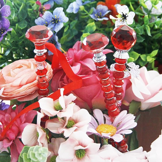 119Pcs Garden Stake DIY Fairy Wand Plant Stake with Red Large Hole Beads Crystal Diamond Stopper Top 4 Stainless Steel Threaded Rod Beaded Garden Stakes for Outdoor Indoor Yard Patio Decorations