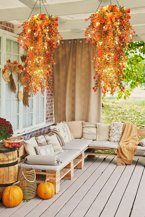 Fall Artificial Flowers - Faux Hanging Plants with Lights for Thanksgiving Indoor/Outdoor Wedding & Garden Party (Salmon)