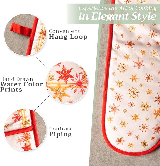 Maison d' Hermine Double Oven Mitt (7" x 35") 100% Cotton Heat Resistant BBQ Cooking Gloves with Loop for Thanksgiving Christmas Decorations Baking Cooking Barbeque Handling Hot Pan (Crystal Star)
