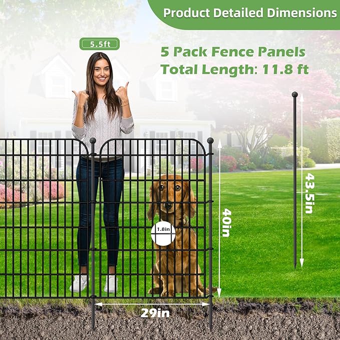 Decorative Garden Fence, 5 Panels 40 in(H) X 11.8 ft(L) Rustproof Metal Wire No Dig Dog Fence Outdoor for Yard, Temporary Tall Garden Fence Animal Barrier Decor for Yard & Patio