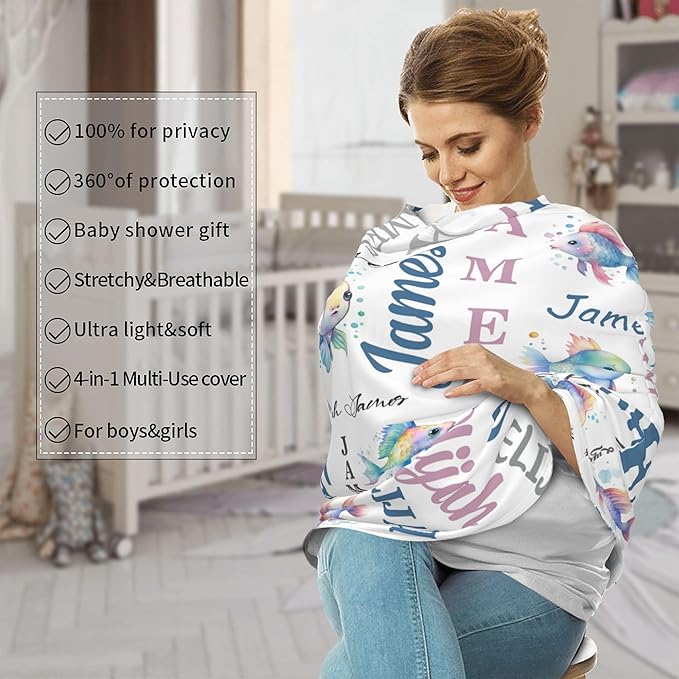 Personalized Baby Car Seat Cover with Name Stroller Canopy Custom Rainbow Fish Carseat Cover Newborn Baby Boy Girl Nursing Cover for Moms First Birthday Gift