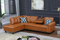 Ball & Cast 98" L Shaped Sectional Couch for Living Room with Chaise & Nailhead Trim,4 Seat Faux Leather Upholstered Modular Sectional Sofa Set 2 PCS W/Cup Holder & Coffee Table,for Home,Office,Ginger