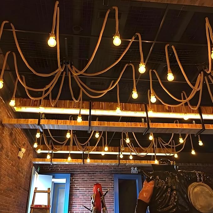 6 Head 2M Vintage Hemp Rope Light E26/E27 Base, Pendant Ceiling Light Lamp,Retro Style for Dining Hall Restaurant Bar Lighting(Bulb not Included)