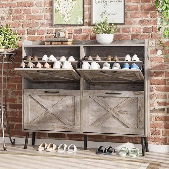Maupvit Large Shoe Storage Cabinet with 4 Flip Drawers, Narrow Shoe Cabinet for Entryway with Wooden Legs, Freestanding Hidden Shoe Rack Organizer ＆ Metal Hinges, Light Rustic Oak