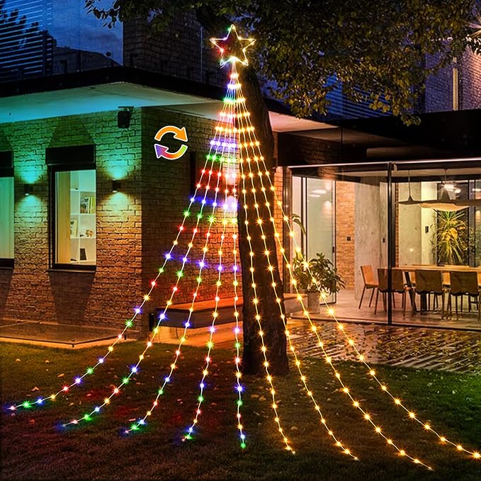 Christmas Decorations Star String Lights - 344 LED 11.8ft 9 Strands Waterfall Tree Lights with Topper Star, 8 Lighting Modes Indoor Outdoor Lights for Wedding Yard Party Home, Warm White & Multicolor