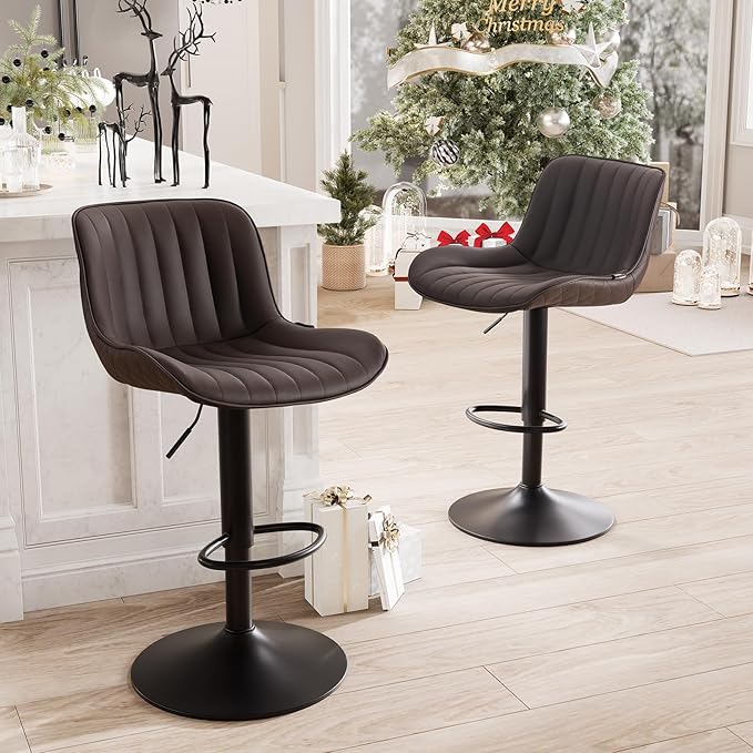 YOUNUOKE Counter Height Bar Stools Set of 2, Adjustable Swivel Stool Chairs with Back, Brown Faux Leather Upholstered, Mid-Century Modern Barstools for Kitchen Island, Dining Room, Home Bar, Bistro