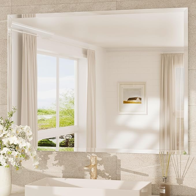 TokeShimi 48x36 Frameless Bathroom Mirror for Over Sink with 1" Beveled Edge, Tempered Bathroom Vanity Mirror Beveled, Shatterproof Rectangle Mirrored Wall Mounted for Living Room, Entryway