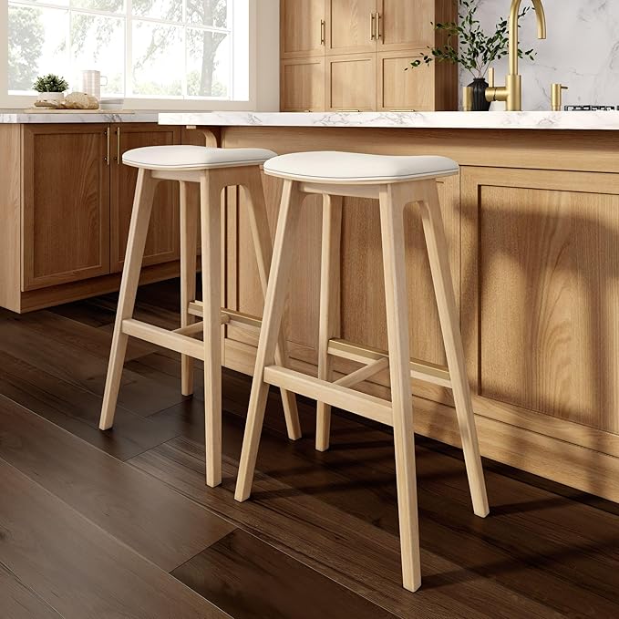Plank+Beam Beryl Bar Height Stool - Mid-Century Modern Rubberwood Bar Stool with Faux Leather Seat, Metal Footrest, Easy Assembly, 2-Pack, Blonde/Sesame