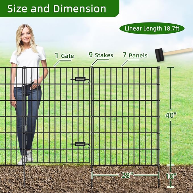 Metal Garden Fence with Gate 40in (H) x 18.7ft (L), 1 Gate + 7 Panels Dog Fence Border Fence Animal Barrier, No Dig Garden Fencing for Yard Flower Bed Lawn Patio Outdoor, PIN402808G Black