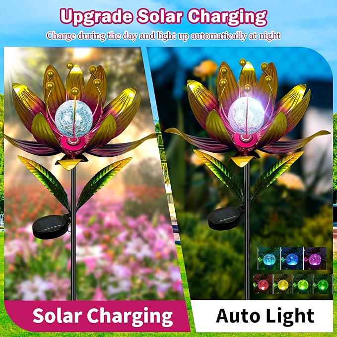 Wind Spinners Outdoor, 38 Inch Metal Wind Spinner Yard Art with Stake, Colorful Solar Windmill for Yard and Garden Lawn Patio Farmhouse Decor (Rose Red)