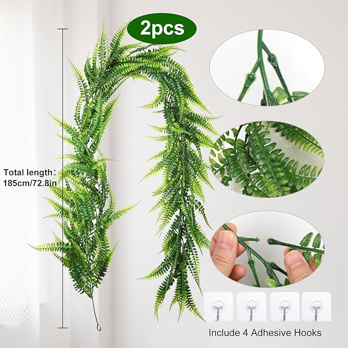 RECUTMS 2pcs Artificial Hanging Boston Ferns Garland Fake Hanging Plant 6 FT Greenery Leaves Ivy Garland Faux Ferns Fake Vines for Outdoor Indoor Home Garden Decoration Party Table Wall Decoration