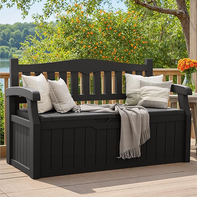 Greesum 80 Gallon Deck Box Storage Bench, Patio Furniture, Lockable, Waterproof and UV Resistant,with Armrest, Suitable for Garden, Porch, Poolside, Dark Black