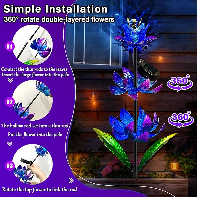Solar Wind Spinner Outdoor, 63 Inch Metal Wind Spinner Yard Art with LED Lights, Three-Layer Flower Design Pinwheels for Yard and Garden Decor, Solar Garden Decor