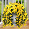 Sggvecsy Artificial Fake Hanging Flowers Plants for Outdoor Outside Spring Summer Decoration 4PCS Faux Silk UV Resistant Realistic Morning Glory Trailing Vines for Home Porch Patio Balcony(Yellow)