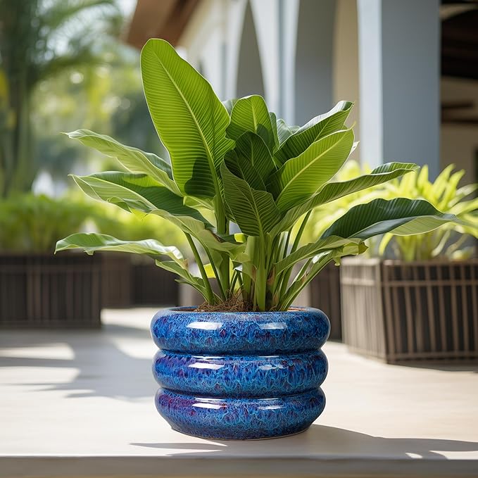 SQOWL Ceramic Pot for Plants 13.5 Inch - Outdoor Planter Large Plant Pot Indoor with Drainage Hole Round Flower Pot Mid-Century Planter for Patio Outdoor Decor Blue