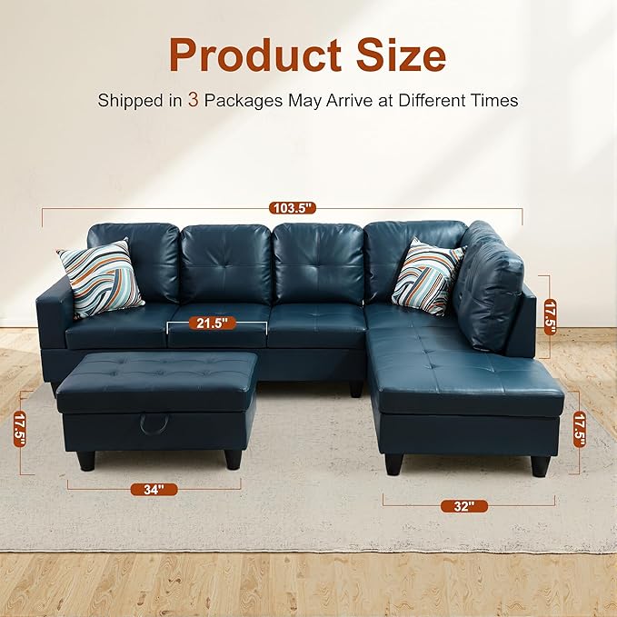 Osparple Sectional Couch PU Leather L Shaped Couch 3 Pieces Modular Sectional Sofa with Storage Ottoman for Living Room and Small Apartment, Peacock Blue