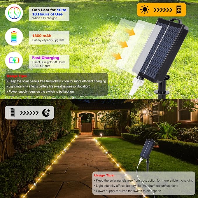 33FT 100 LED Solar Rope Lights, 18 Colors with Timer, 5 Modes, Waterproof Plug-in Remote Control Camping String Lights for Outside, Camping, Classroom, Party, Festival Decoration Solar Lights Outdoor