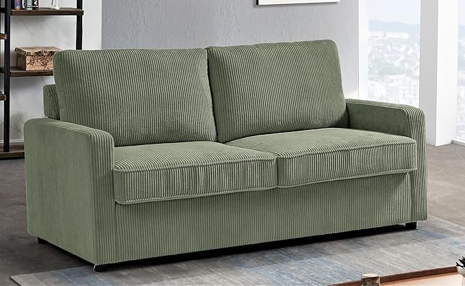 Reversible Sleeper Sofa Bed with Comfortable Memory Foam Mattress, Convertible Corduroy Full Size Pull Out Couch for Living Room, Space Saving Furniture, 70" Wide, Rectangular Arms, Dark Green